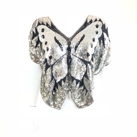 Vintage Tops - Vintage Sequin Silver Butterfly Silk Top